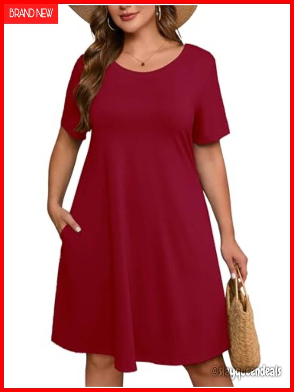 Plus Size Midi Dress with Pockets A Line Swing Dress Short Sleeve Round Neck